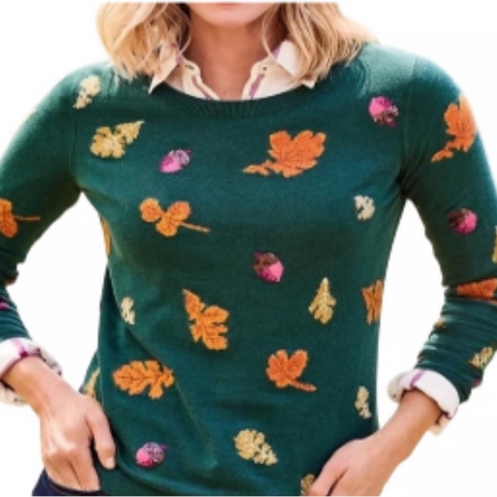 TALBOTS Green Falling Leaves Intarsia Sweater Embellished Sequin Embroidery